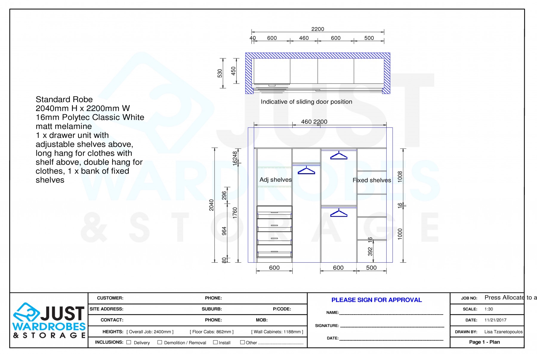 Standard Robe Configurations 2200mm w - Just Wardrobes & Storage